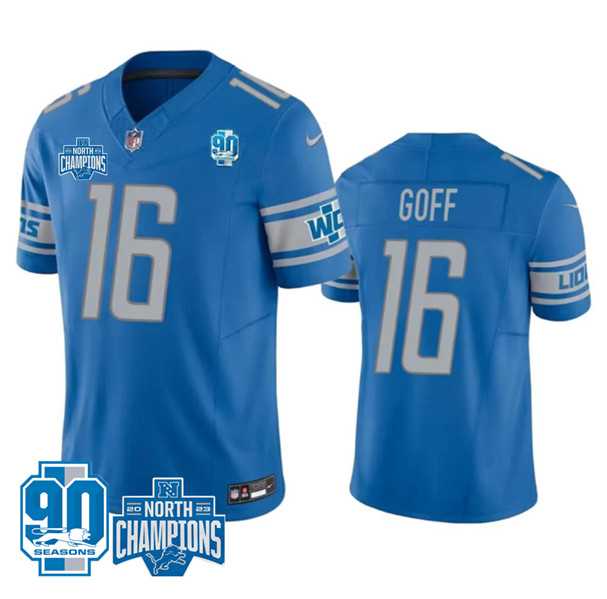 Men & Women & Youth Detroit Lions #16 Jared Goff Blue 2023 90th Anniversary North Division Champions Patch Limited Stitched Jersey